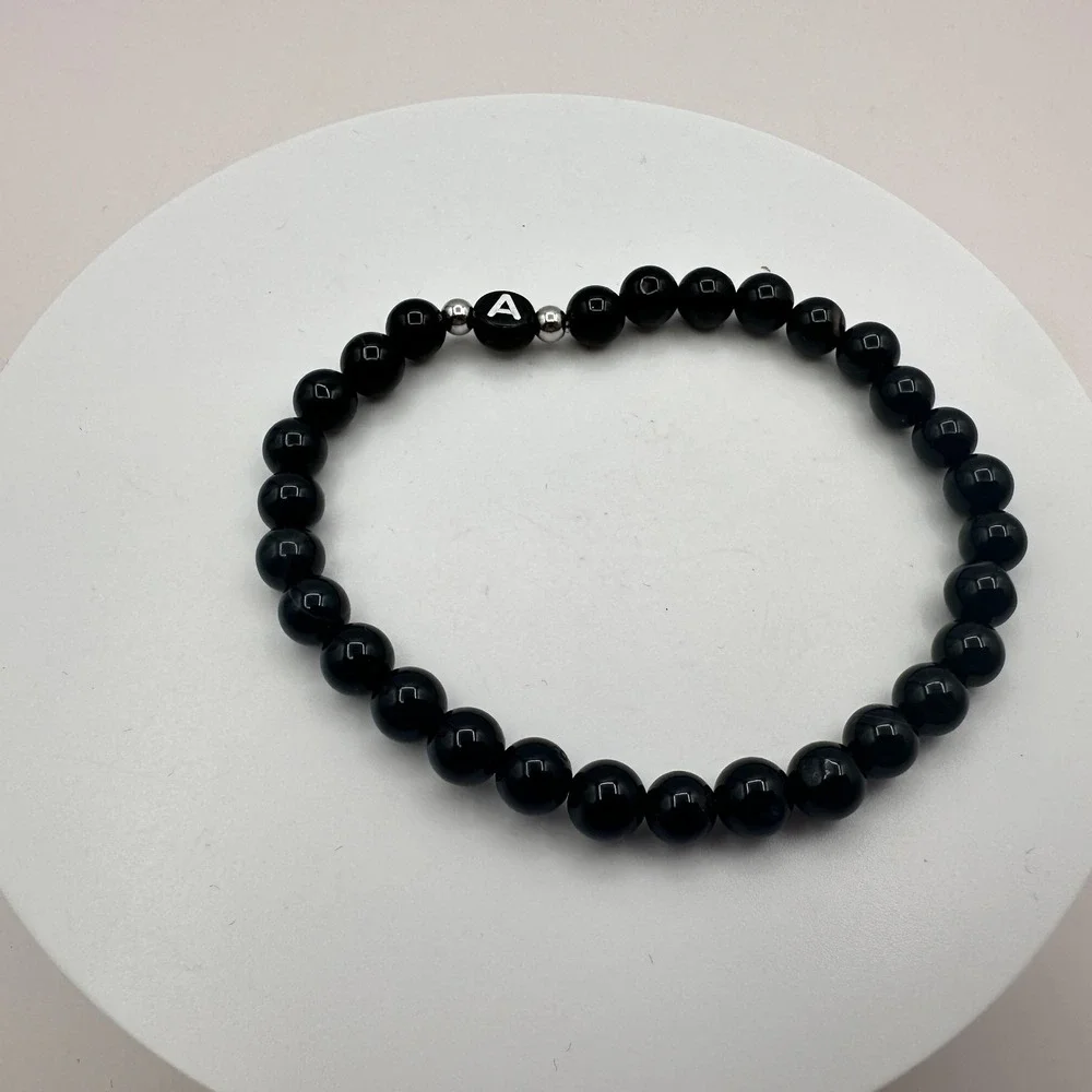 Vintage 90s Silver-Tone A Initial Black Beaded Stretch Bracelet Classic Jewelry